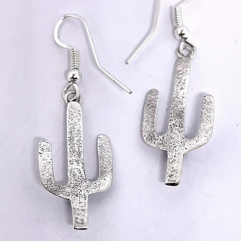 Navajo Saguaro Cactus Earrings Turquoise 2in Hook Snake Eye Native Amer Sterling